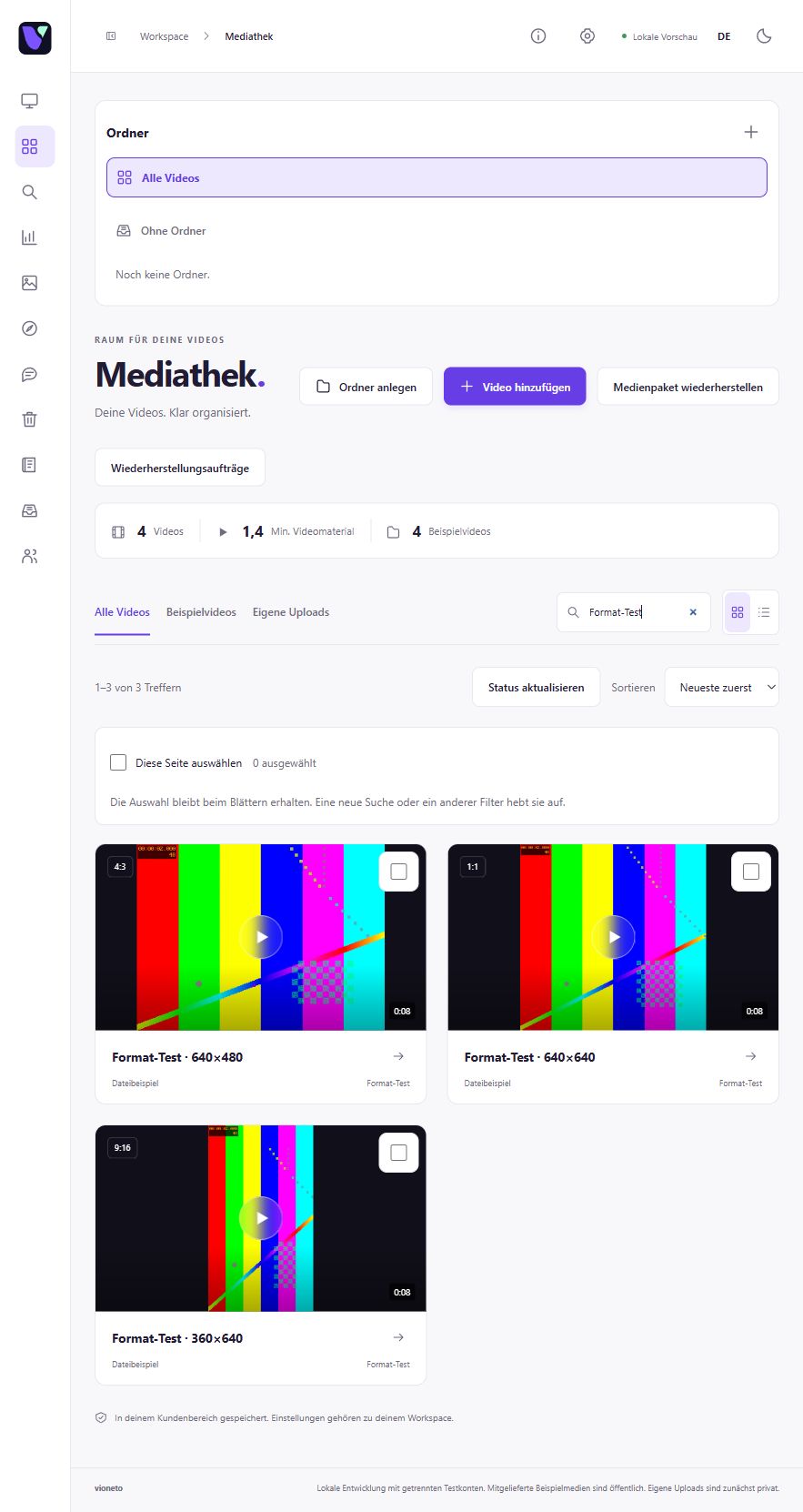 Vioneto-Mediathek mit Suchfeld und drei eigenen Beispielvideos in unterschiedlichen Formaten.